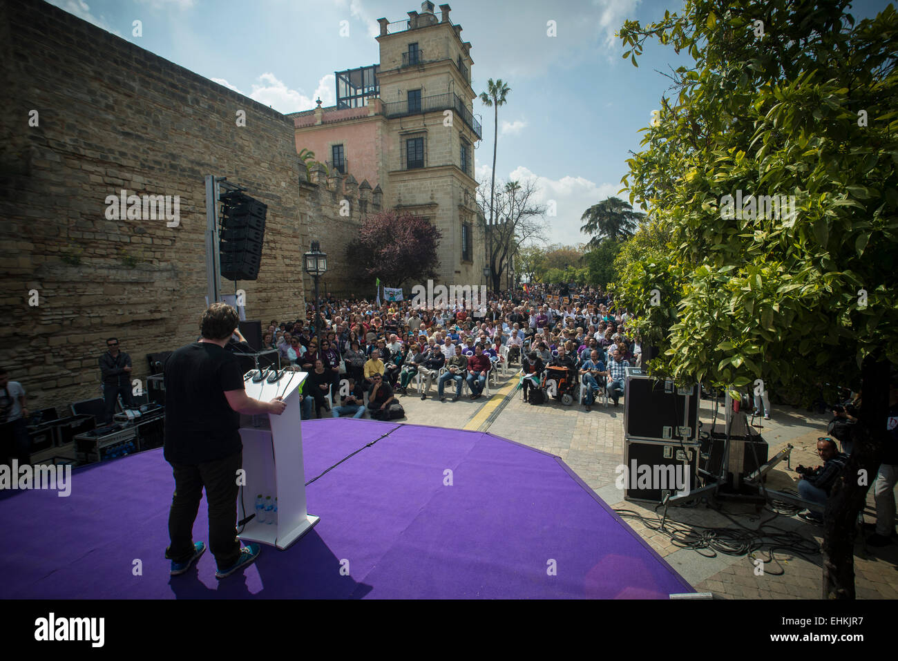 Jerez de la Frontera, Andalusia, Spain, 15 March, 2015: Miguel Urbán, Member of the European Parliament for Podemos, speaking at a rally for Teresa Rodríguez candidate of Podemos in the elections of Andalusia, in rally Jerez de la Frontera. Stock Photo