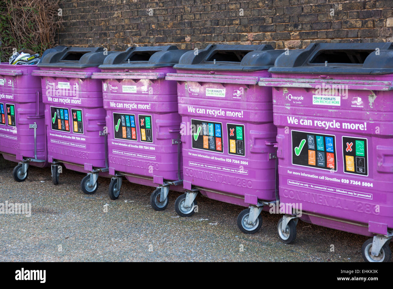 Mixed recycling bins in Limehouse, Tower Hamlets, London Stock Photo
