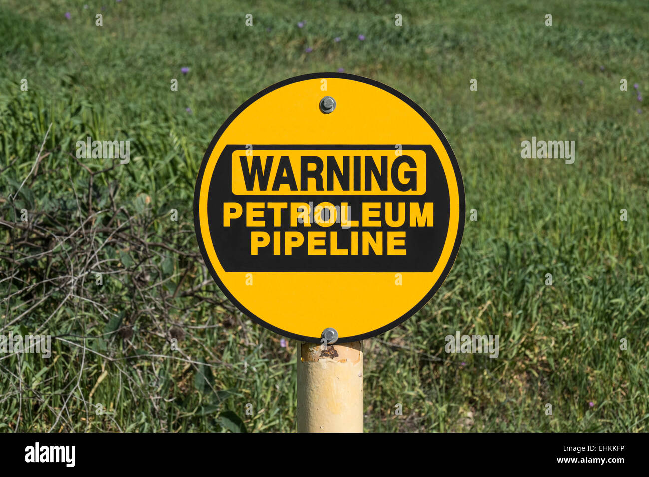 Petroleum pipeline warning sign in green grassy meadow. Stock Photo