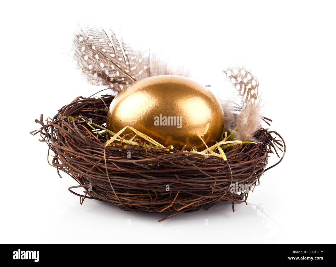Golden egg in nest on white background Stock Photo - Alamy