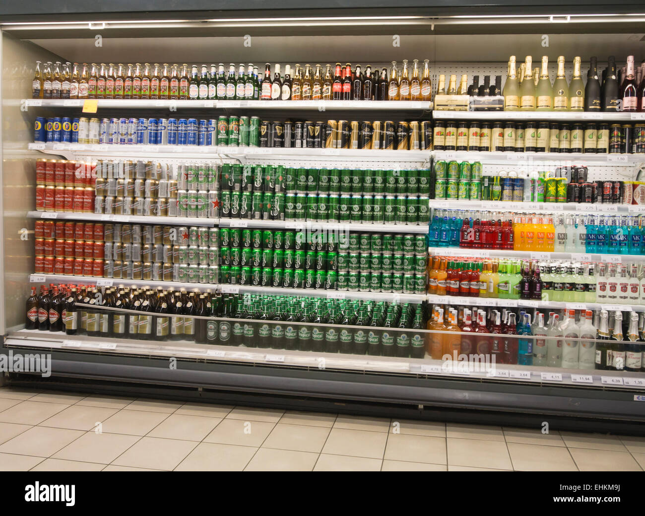 Shelves in a supermarket in Fuerteventura, Canary islands Spain,  selection of bottled and canned beers and soft drinks Stock Photo