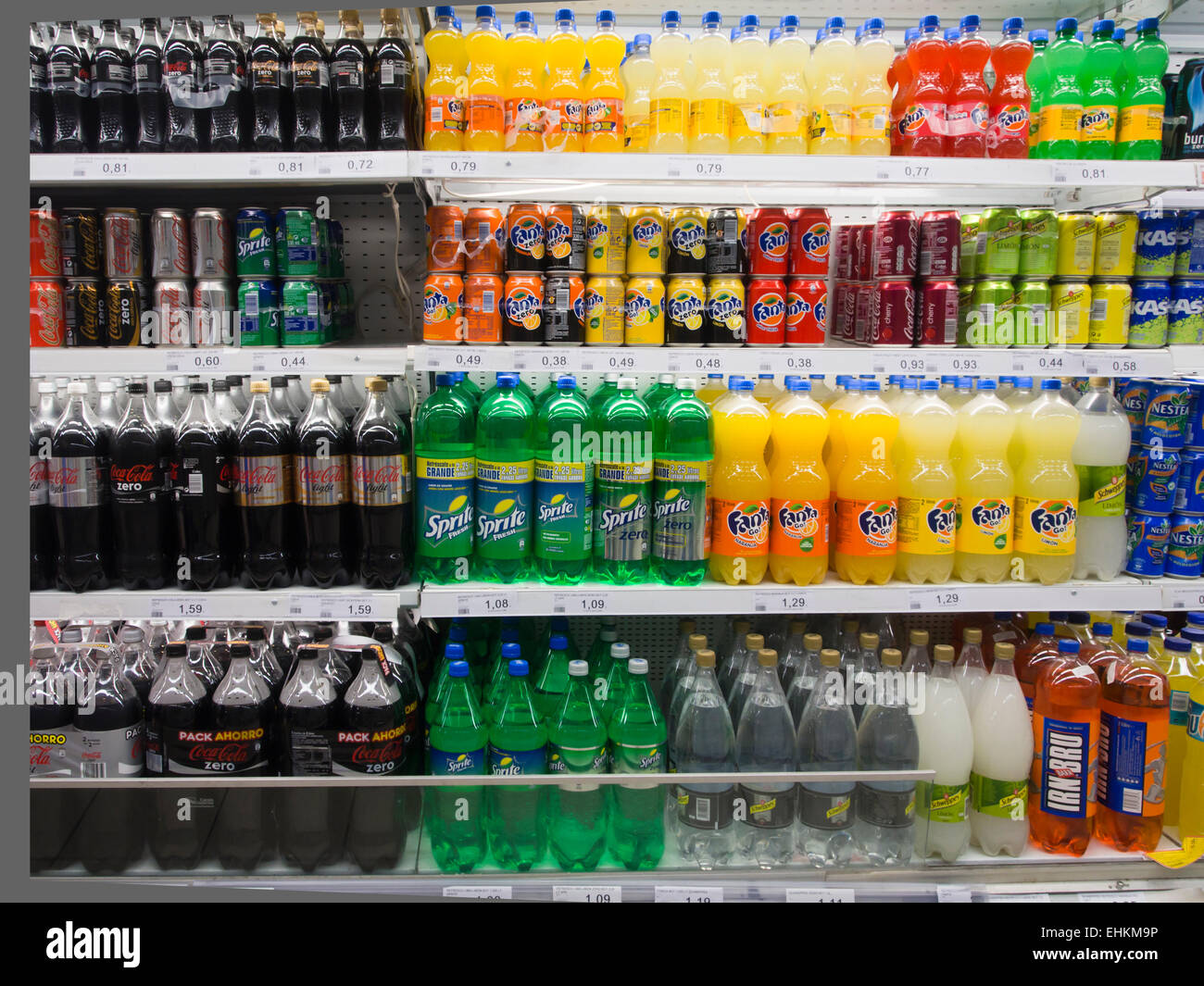 Shelves in a supermarket in Fuerteventura, Canary islands Spain,  selection of bottled and canned soft drinks Stock Photo