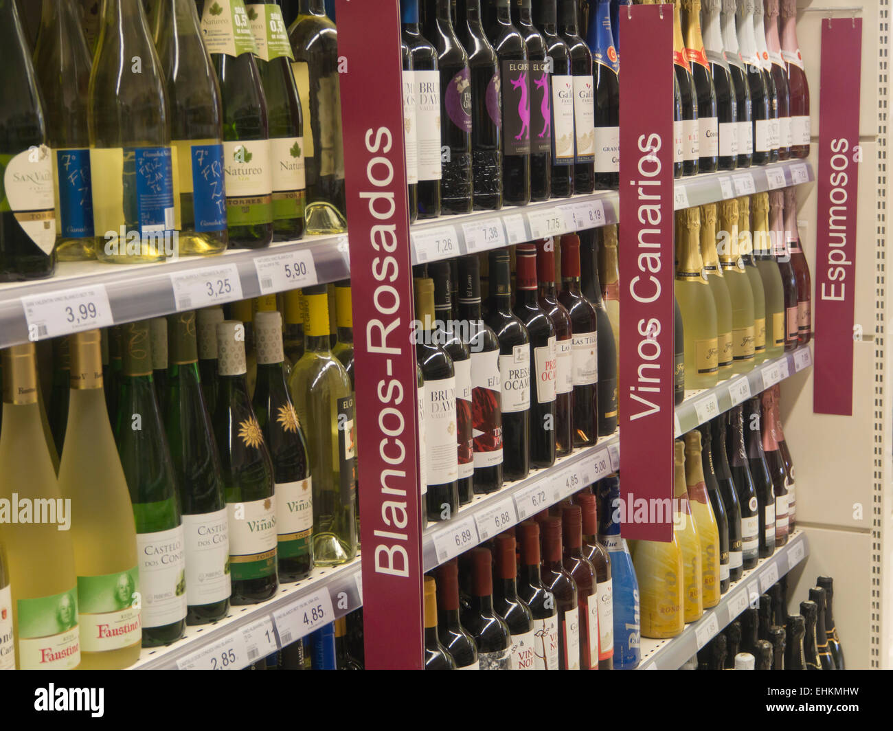 Selection of local Canary Island wines in a supermarket in