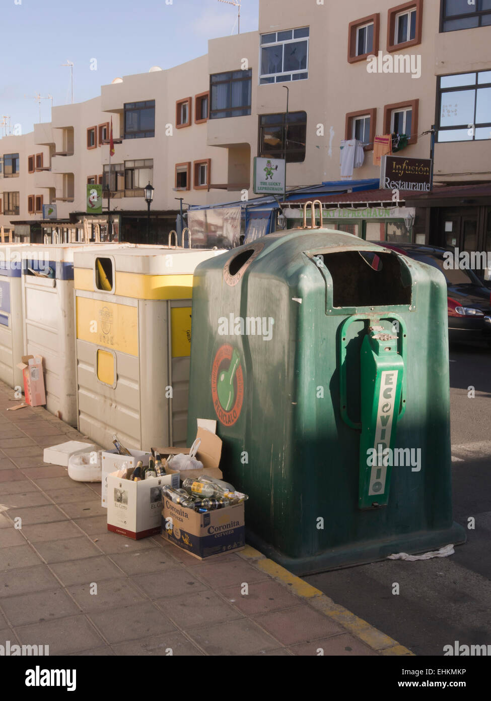 Waste collection and recycling in Corralejo Fuerteventura, Canary islands Spain many tourists implies large containers Stock Photo