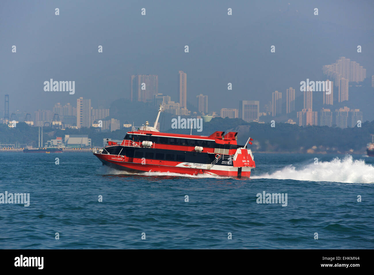 Hydrofoil at speed. The Hong Kong HK ferry service operated by Turbojet, Stock Photo