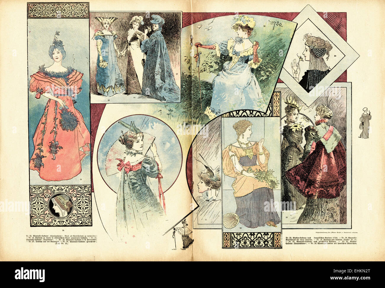 Victorian woman fashion colour illustration circa 1895. Double page spread in German fashion magazine Wiener Mode. Stock Photo