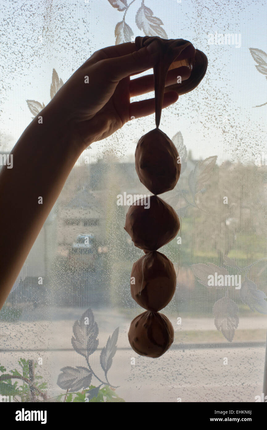 Easter eggs or Paschal eggs, hand decorated by boiling in dye, with onion skins and linseed. Stock Photo