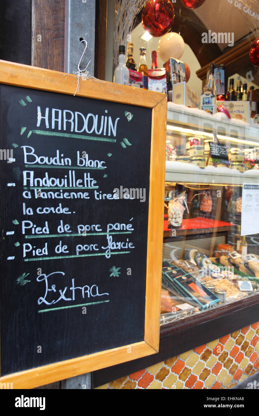Delicatessen in Lille selling local produce and Hardouin boudin blanc from the Loire region. Stock Photo