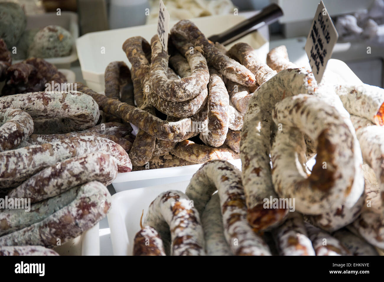 Salami sausage meat display on a market stall, Avigon, France, Europe Stock Photo