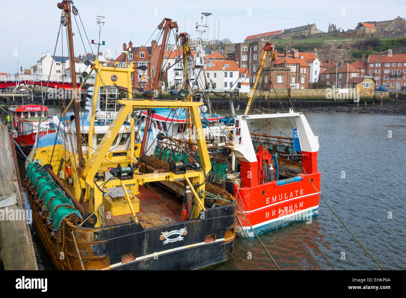 Emulate and Marina Emiel, Scallop fishing boats from Brixham at Endeavour Quay in Whitby  Harbour North Yorkshire England UK Stock Photo