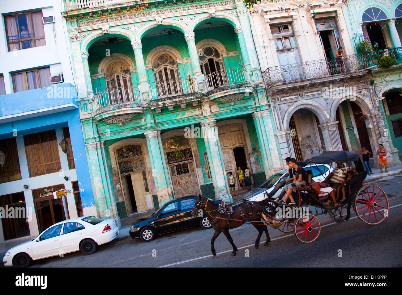 Crumbling old buildings and horse and cart, Havana, Cuba Stock Photo