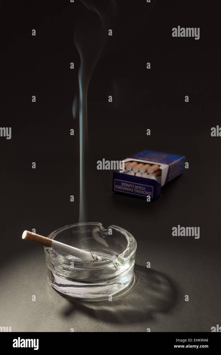 A lid cigarette lies burning in an ashtray, with the smoke floating up in to the air, with an open packet of cigarettes Stock Photo