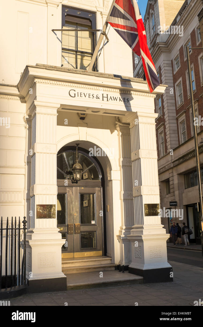 Gieves and Hawkes Saville Row headquarters, London, with Union Flag Stock Photo