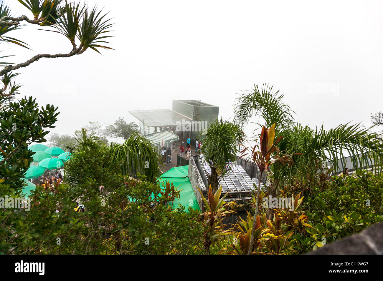 View from the top of Corcovado on a foggy day (gift shop and cafe) - Rio de Janeiro, Brazil Stock Photo