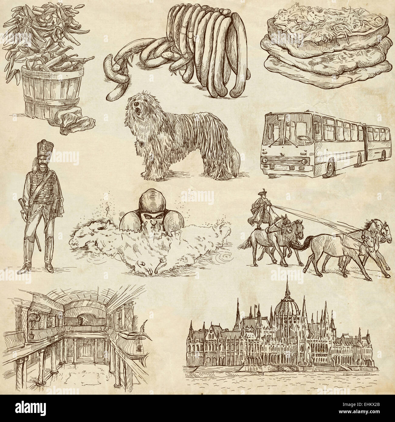 Travel series: HUNGARY - Collection of an hand drawn illustrations. Description: Full sized hand drawn illustrations, original f Stock Photo