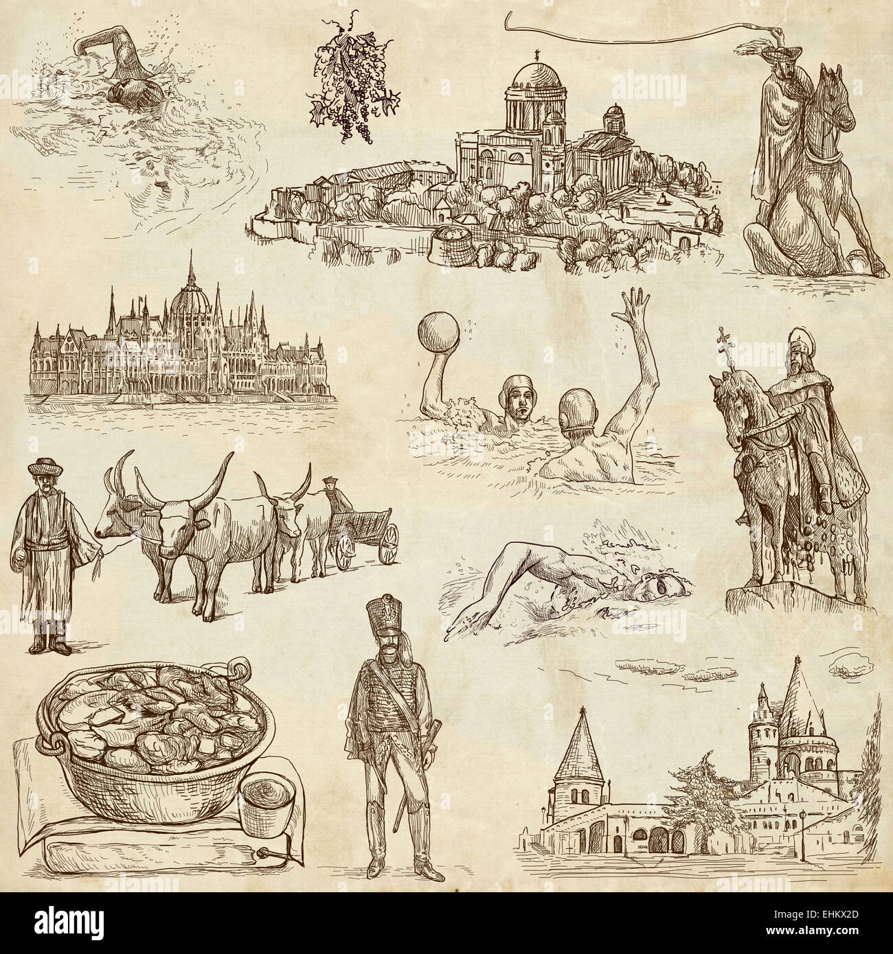 Travel series: HUNGARY - Collection of an hand drawn illustrations. Description: Full sized hand drawn illustrations, original f Stock Photo