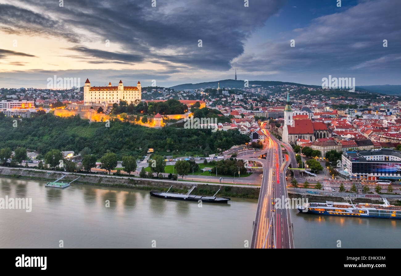 Bratislava, Slovakia - Panoramic View with the Castle and Old Town as Seen from Observation Deck the Bridge Stock Photo