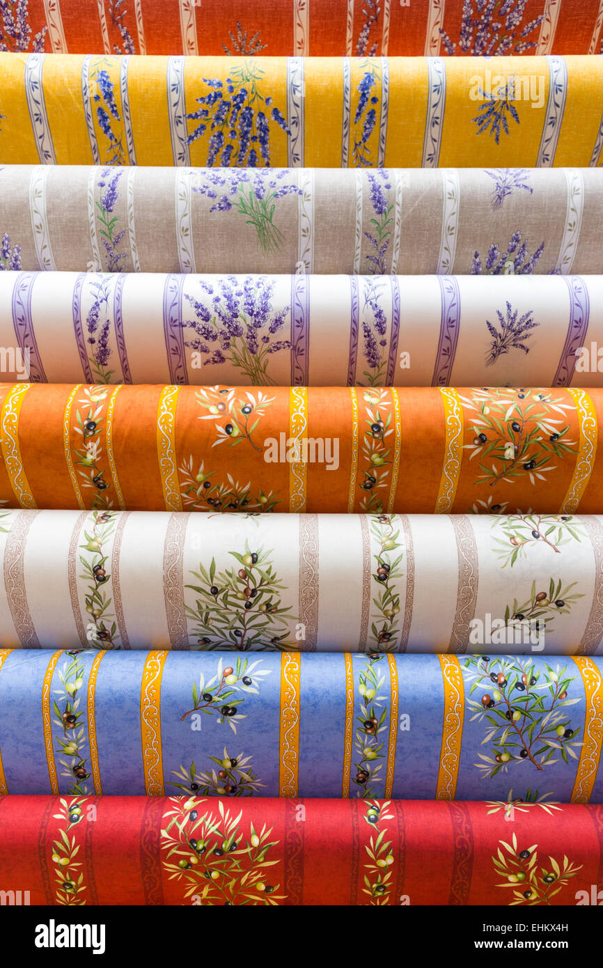 Selection of colorful patterned textiles at a French market, Provence, France, Europe Stock Photo