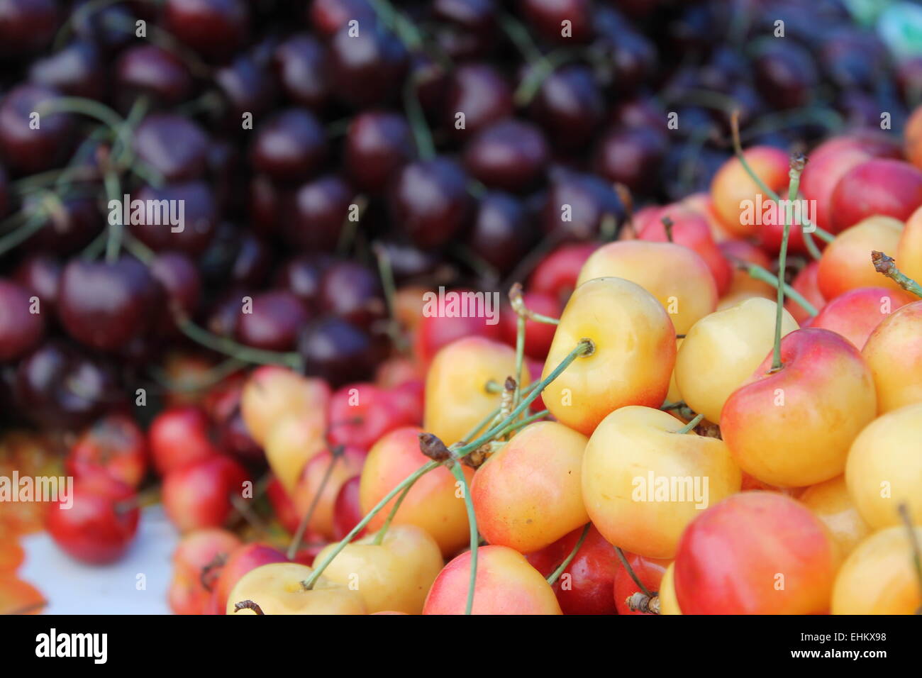 black and rainier cherries for sale at market Stock Photo Alamy