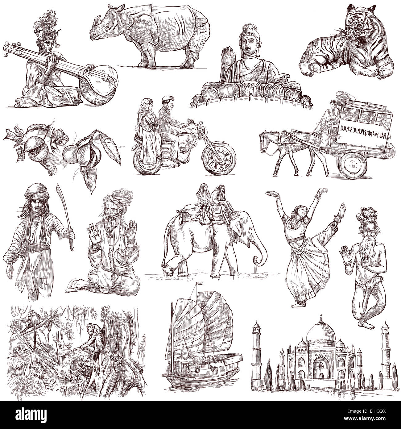Travel series: INDIA and INDONESIA - Collection of an hand drawn illustrations. Description: Full sized hand drawn illustrations Stock Photo