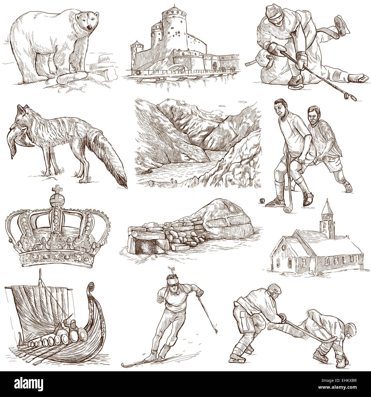 Travel series: SCANDINAVIA - Collection of an hand drawn illustrations. Description: Full sized hand drawn illustrations, origin Stock Photo