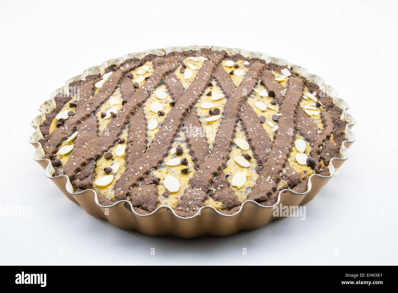 freshly baked cocoa tart with ricotta cheese and chocolate Stock Photo