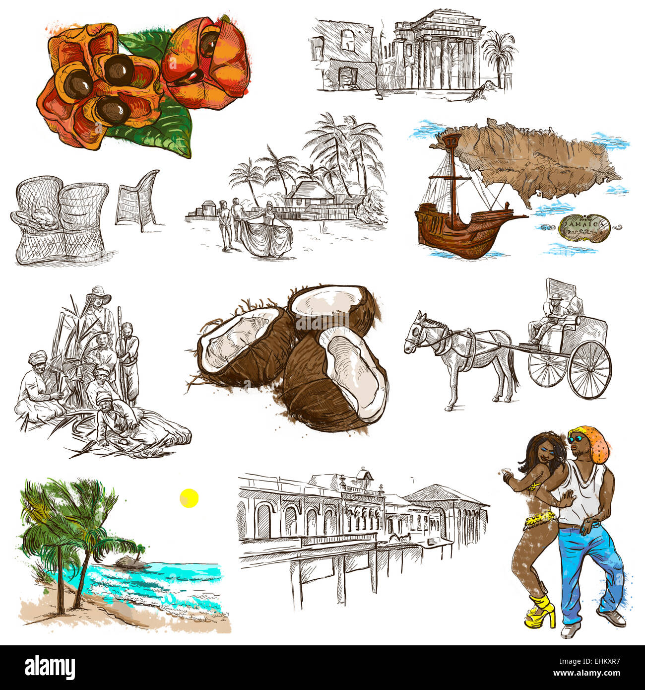 Travel series: JAMAICA - Collection (no.5) of an hand drawn illustrations. Stock Photo