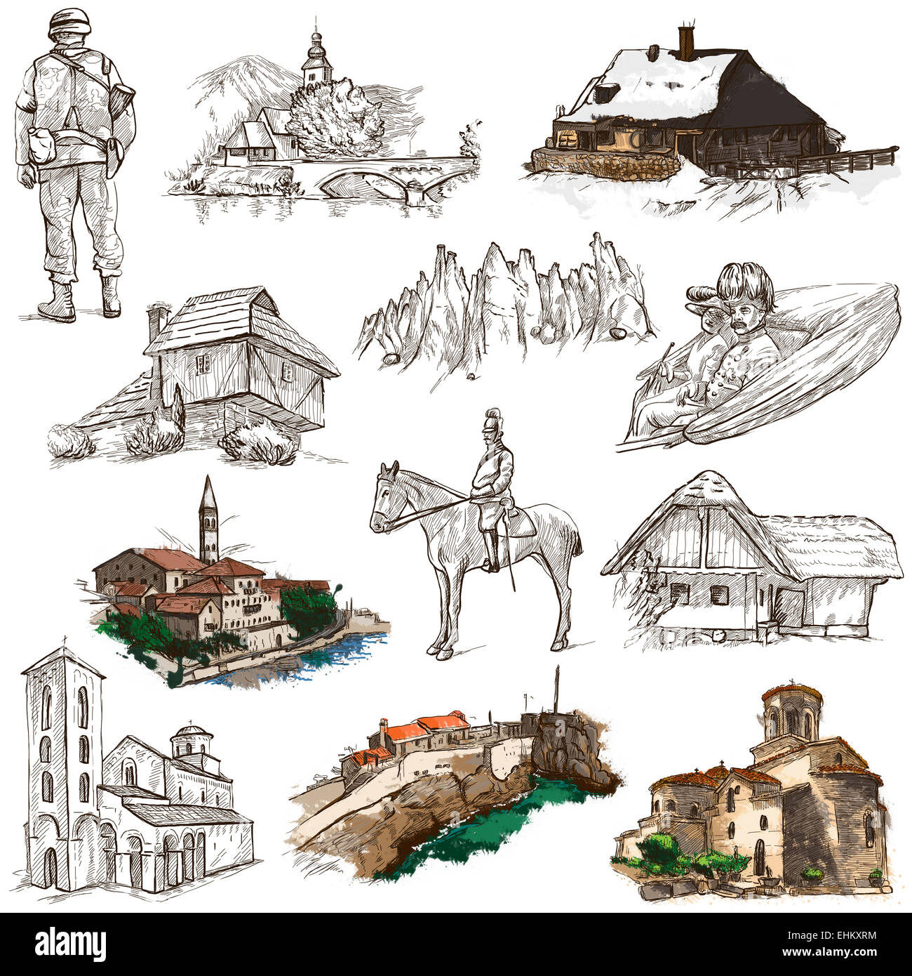 Travel series: Former Republics of YUGOSLAVIA - Collection of an hand drawn illustrations (pack no.3). Stock Photo