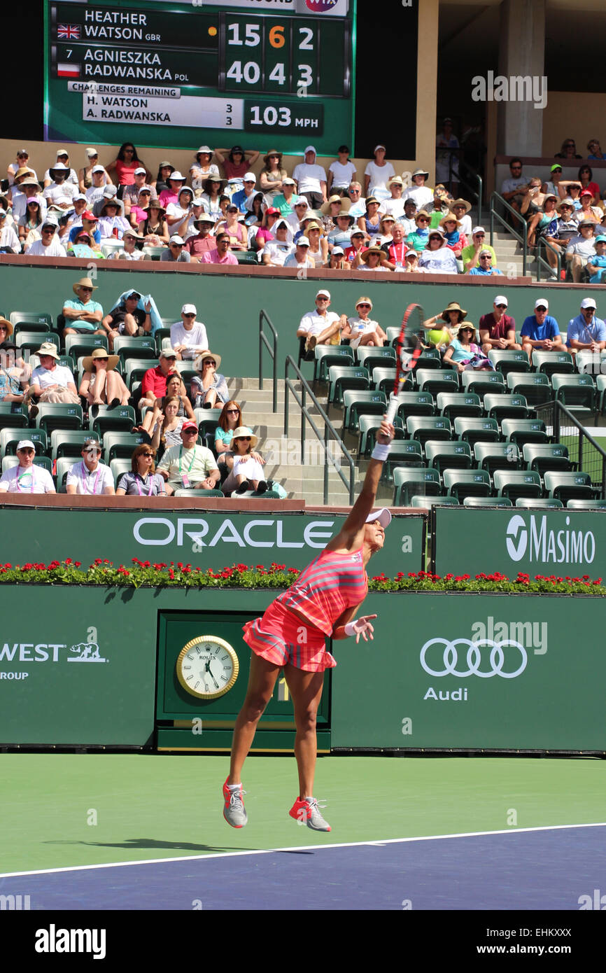 Indian Wells, California 15th March, 2015 British tennis player Heather Watson defeats Agnieszka Radwanska (Poland) in the 3rd Round of the Women's Singles at the BNP Paribas Open (score 6-4 6-4). Credit: Lisa Werner/Alamy Live News Stock Photo