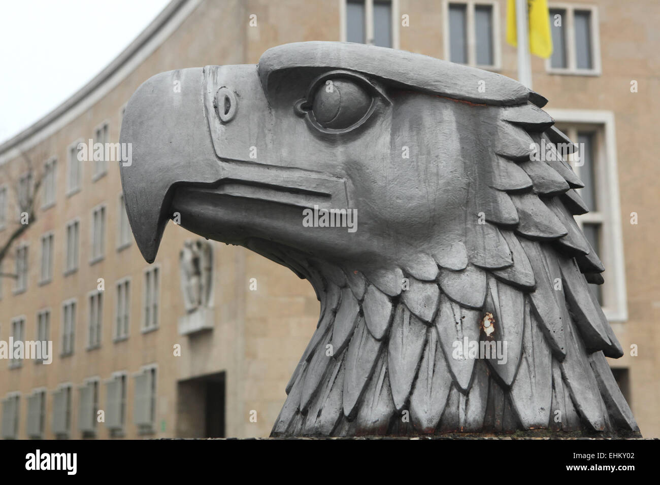 Reichsadler. Huge metal head of Nazi eagle from the 1930s installed in front of the Tempelhof Airport in Berlin, Germany. Stock Photo