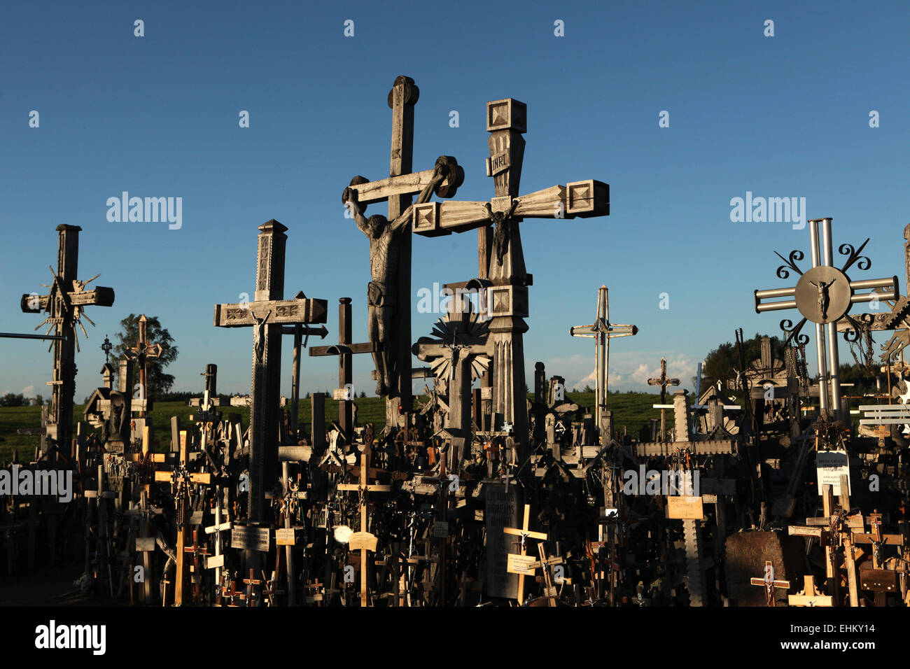 Wooden crosses at the Hill of Crosses, the most important Lithuanian Catholic pilgrimage site, near Siauliai, Lithuania. Stock Photo