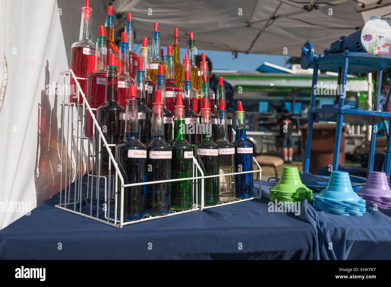 Cotton Candy bottled Flavors in a display rack at a local festival Stock Photo