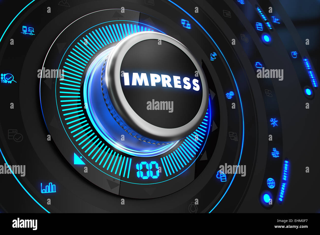 Impress Button with Glowing Blue Lights. Stock Photo