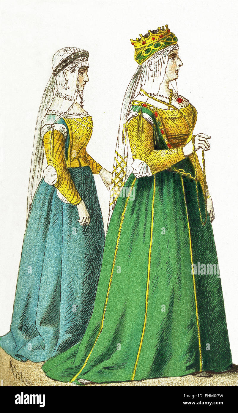 The figures represented in this illustration date to the 1400s. They are, from left to right: noble lady, Queen Catarina Cornaro of Cyprus, noble ladies. Stock Photo