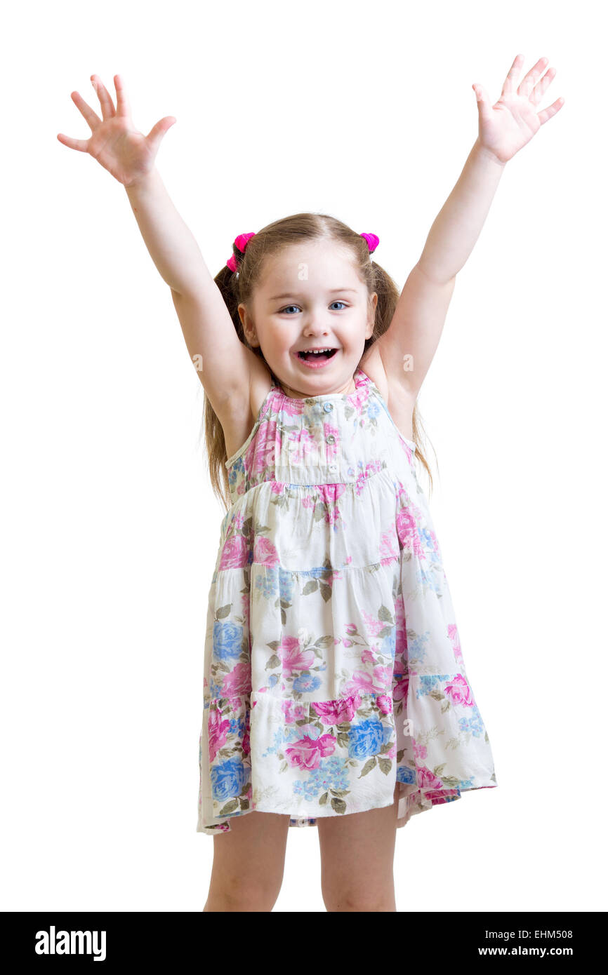 child with hands up isolated on white Stock Photo