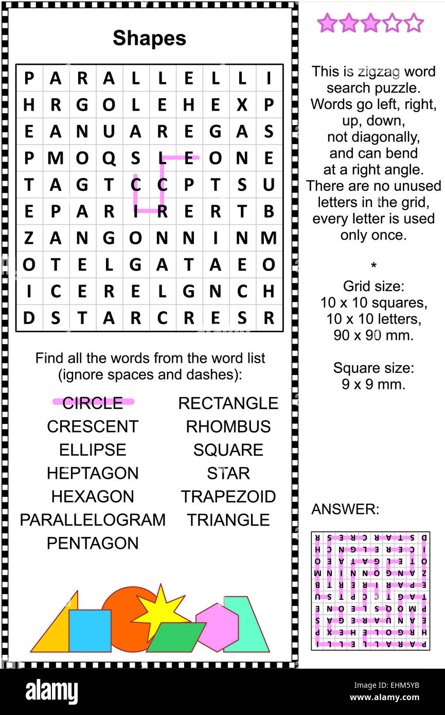 Shapes themed word search puzzle (suitable both for kids and adults). Answer included. Stock Photo