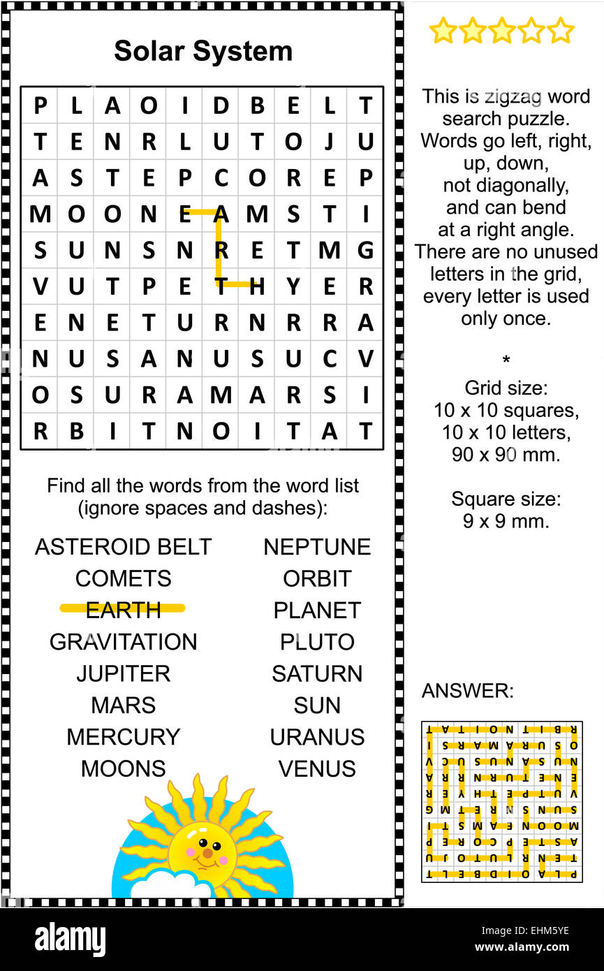 Solar System Themed Zigzag Word Search Puzzle Suitable Both