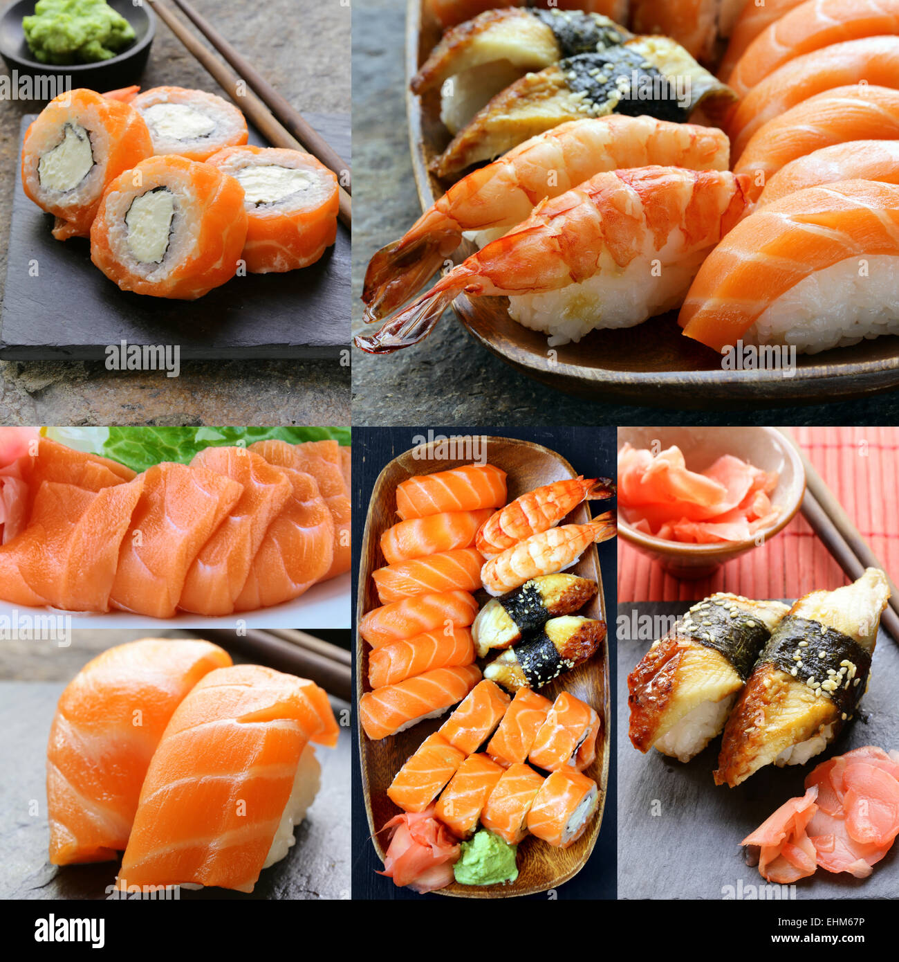 Set different kinds of Japanese sushi and rolls Stock Photo - Alamy