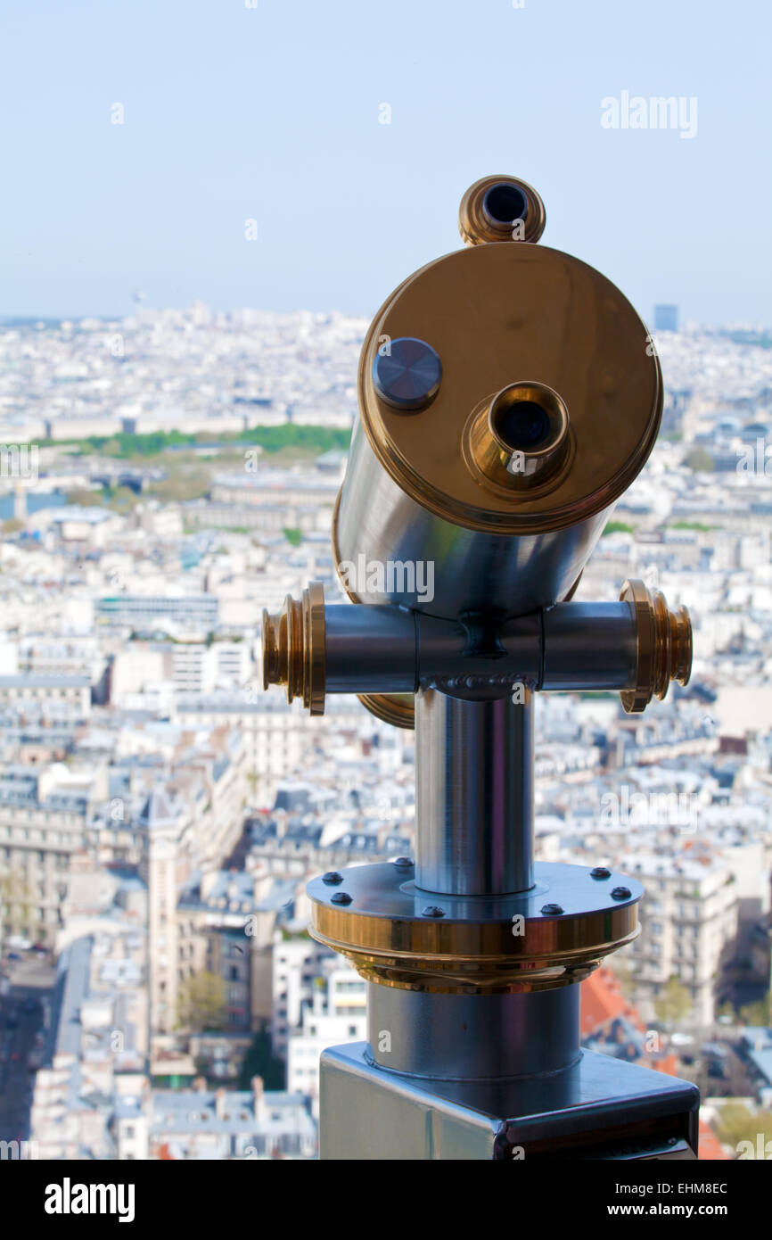 Telescope (spyglass) on upper platform of Eiffel Tower, Paris, France