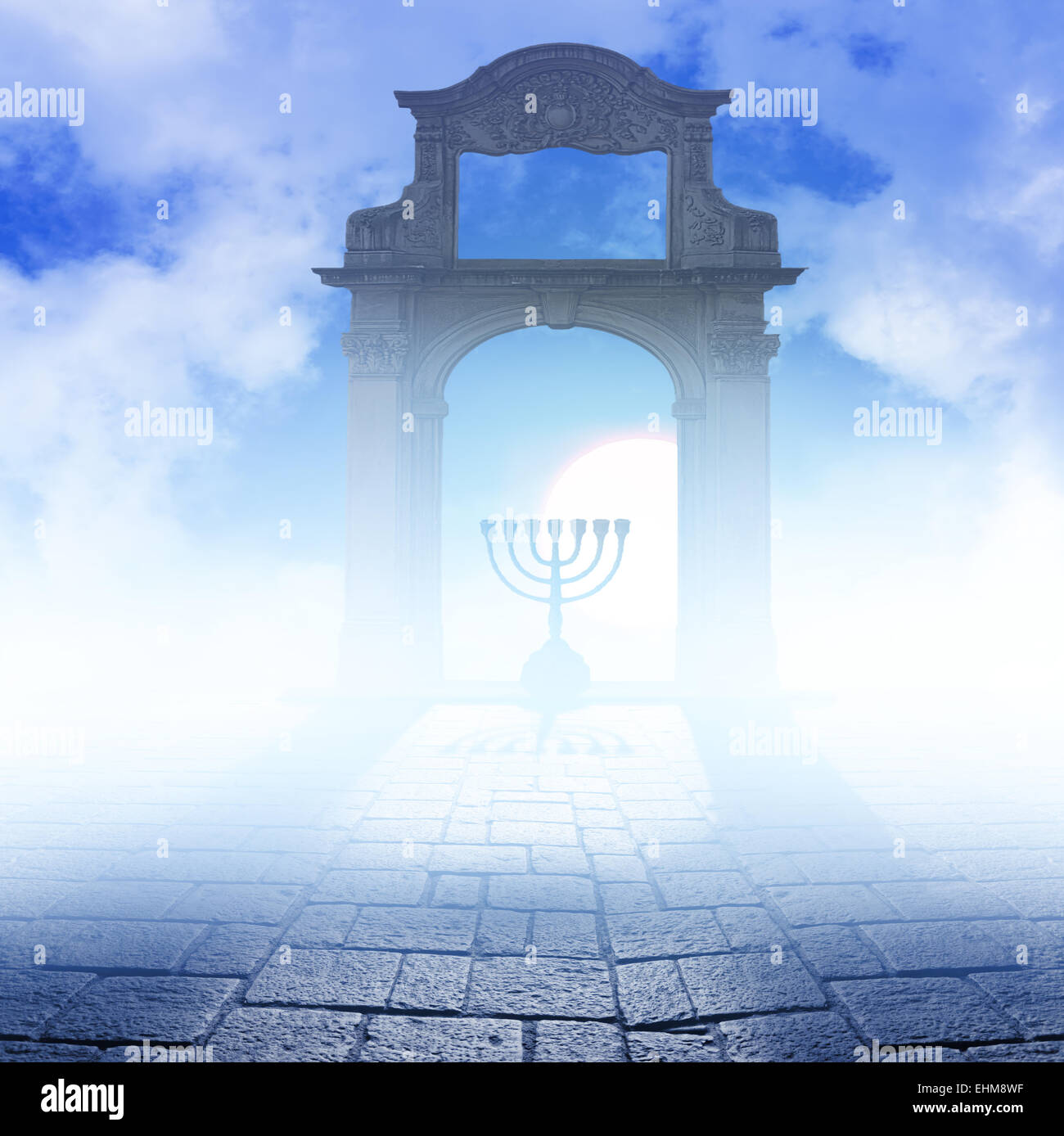 Silhouette of jewish lightstand called Menorah . Symbol of winter light festival called Hanuka ( Hanukka , Chanukkah ). Stock Photo