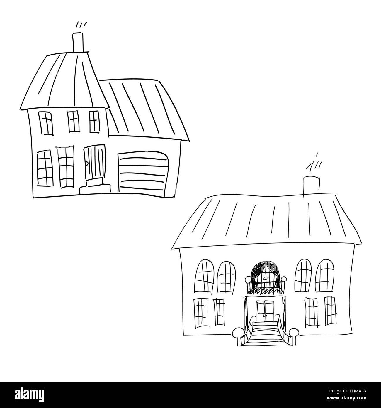 Set of hand drawn houses, doodled city, town set Stock Photo