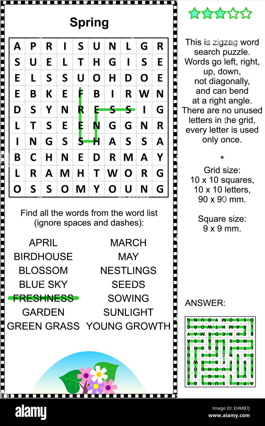 Spring themed zigzag word search puzzle (suitable both for kids and adults). Answer included. Stock Photo