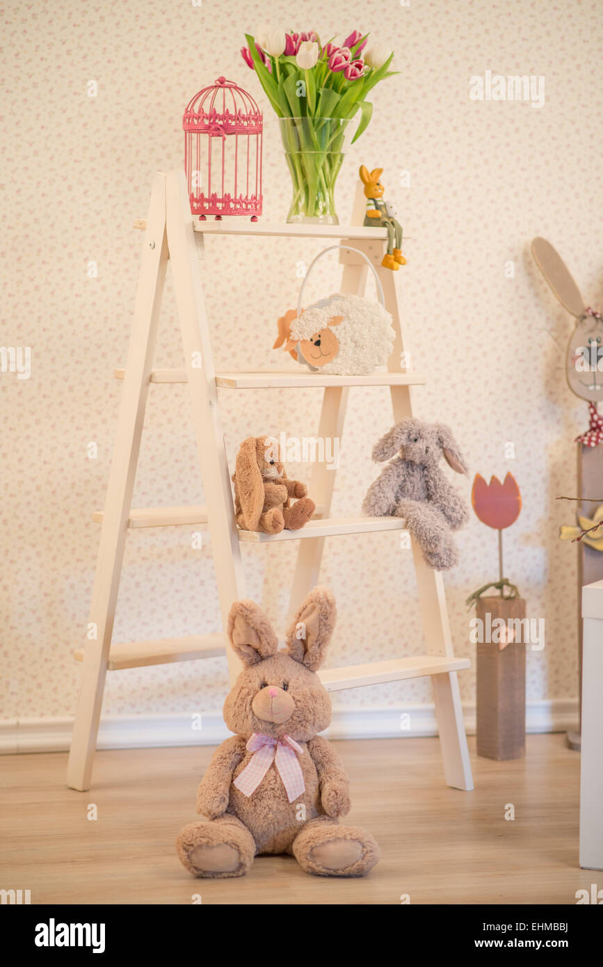 Easter decoration - bright room with lots of Easter decoration ladder Stock Photo