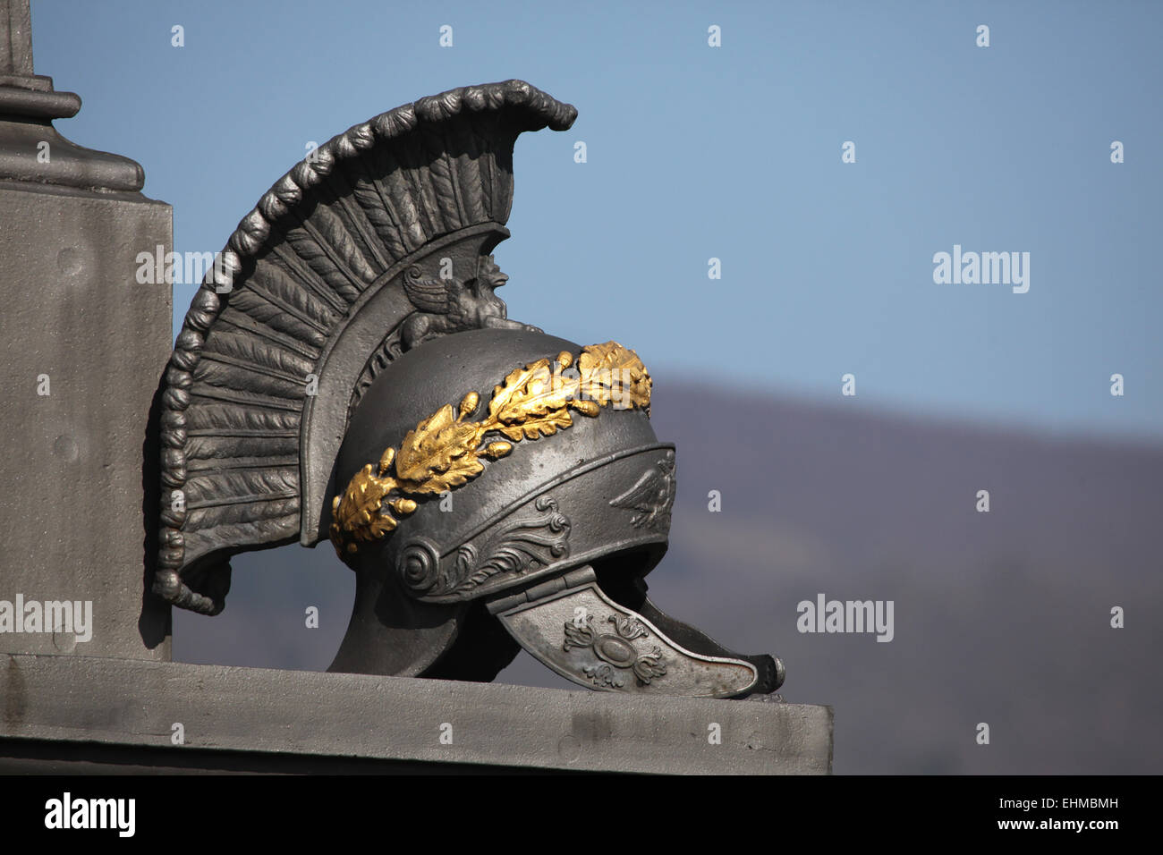 Ancient Roman helmet. Memorial to Russian soldiers fallen in the Battle of Kulm (1813) in North Bohemia, Czech Republic. Stock Photo