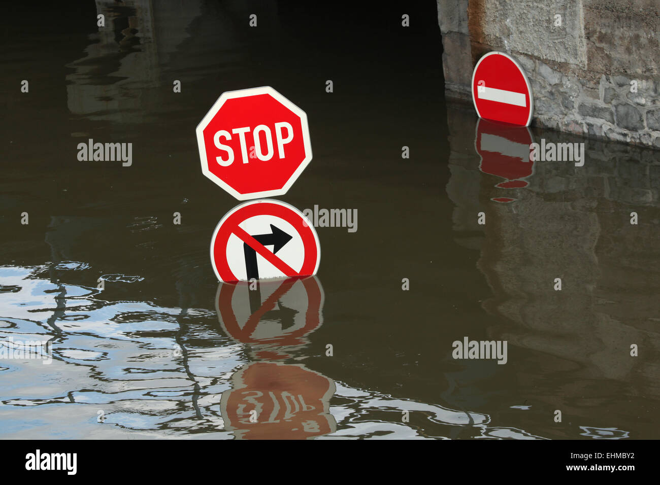 Traffic signs flooded by the Elbe River in Usti nad Labem, Northern Bohemia, Czech Republic, on June 5, 2013. Stock Photo
