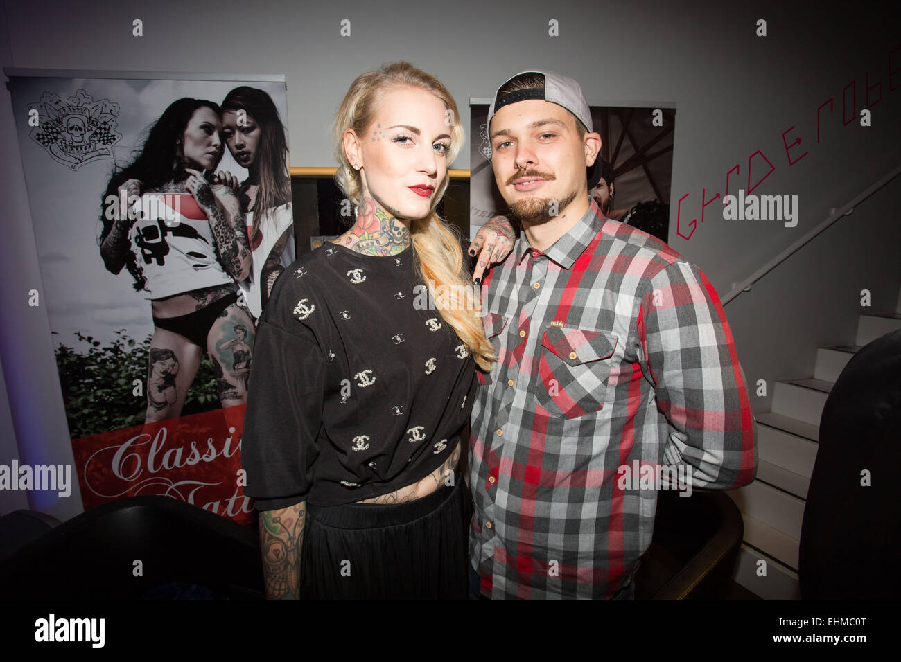 2nd True Berlin party at Shan's Kitchen Featuring: classic tattoo,Guest Where: Berlin, Germany When: 09 Sep 2014 Stock Photo