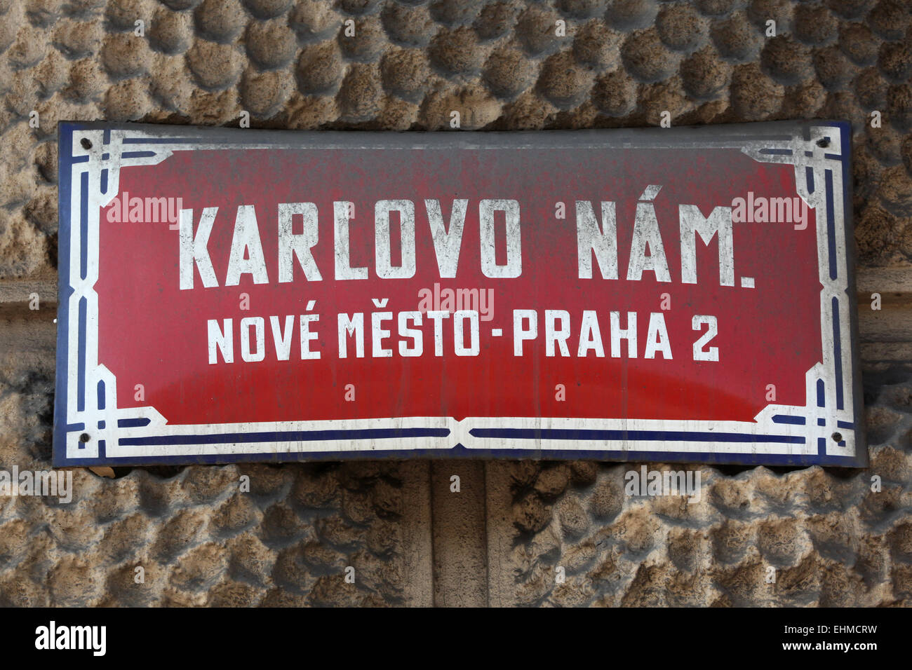 Charles Square (Karlovo namesti). Traditional red street sign in Prague, Czech Republic. Stock Photo