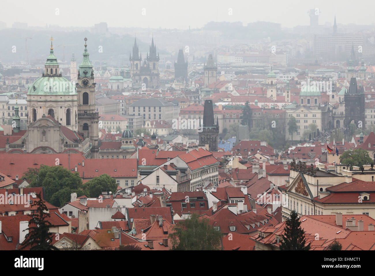 Saint Nicholas' Church in Mala Strana and the Tyn Church in Old Town Square viewed from Petrin Hill in Prague, Czech Republic. Stock Photo