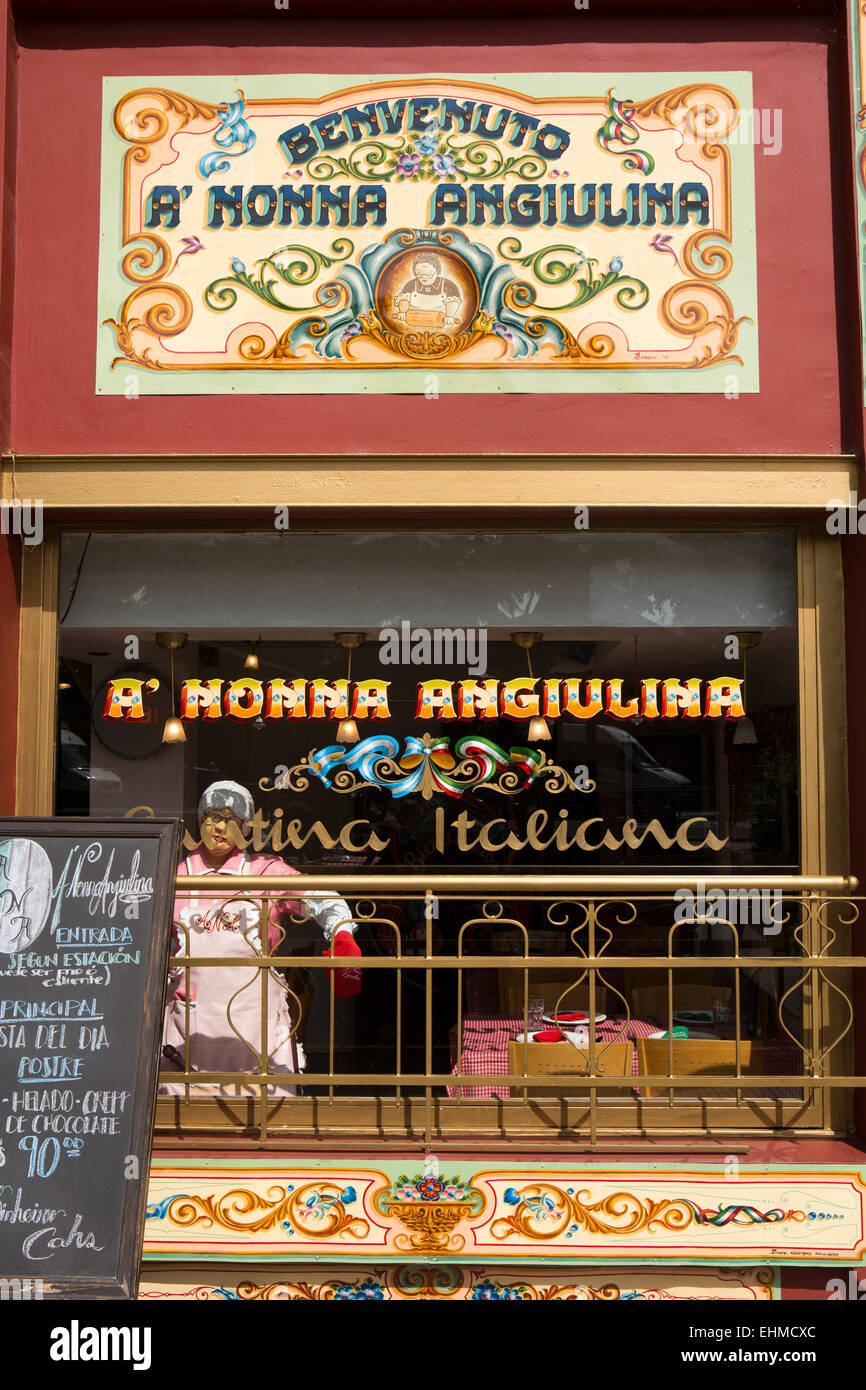 Argentina, Buenos Aires, Recoleta, A Nonna, Anguilina restaurant window with fileteado style lettering Stock Photo