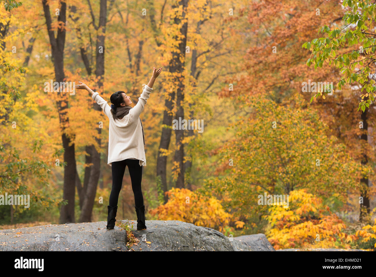 Asian woman cheering with arms outstretched on rock in park Stock Photo